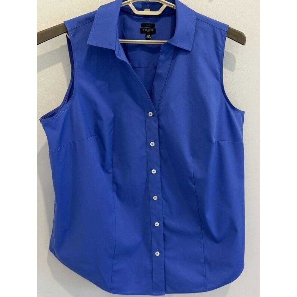 Talbots Plus Blue Button Front Sleeveless Collared Shirt Non Iron Size 16W
